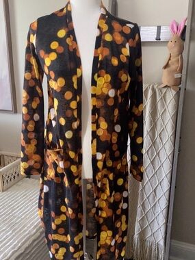 Giuliana Black Long Open Cardigan with Yellow & Orange Dot Print MP
